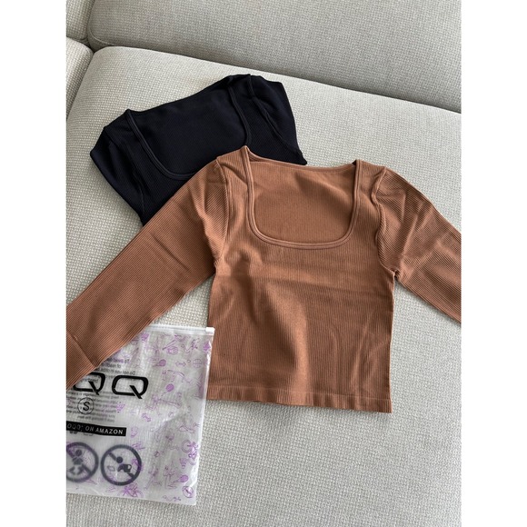 OQQ Tops - OQQ Crop Top Square Neck‎ Long Sleeve Ribbed Stretch 2 Set